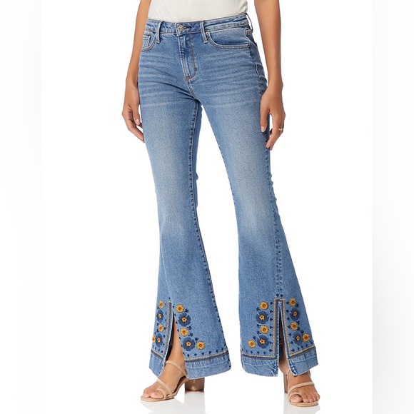 Driftwood x Free People Farrah Flare Slit Golden Gates Boho Embroidered Jeans 25 - Picture 3 of 13